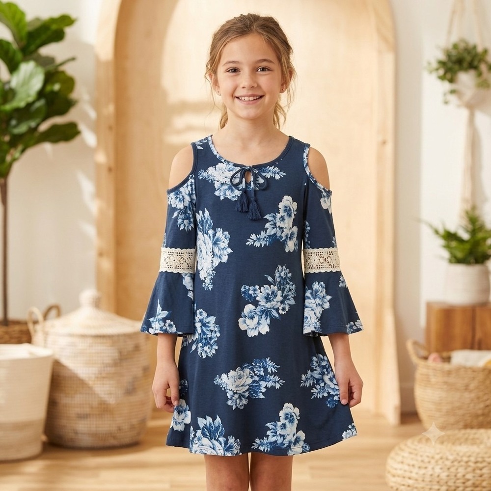 Hot Kiss Girls Navy Blue Floral Tassel Cold Shoulder Bell Sleeve Dress - Size L
